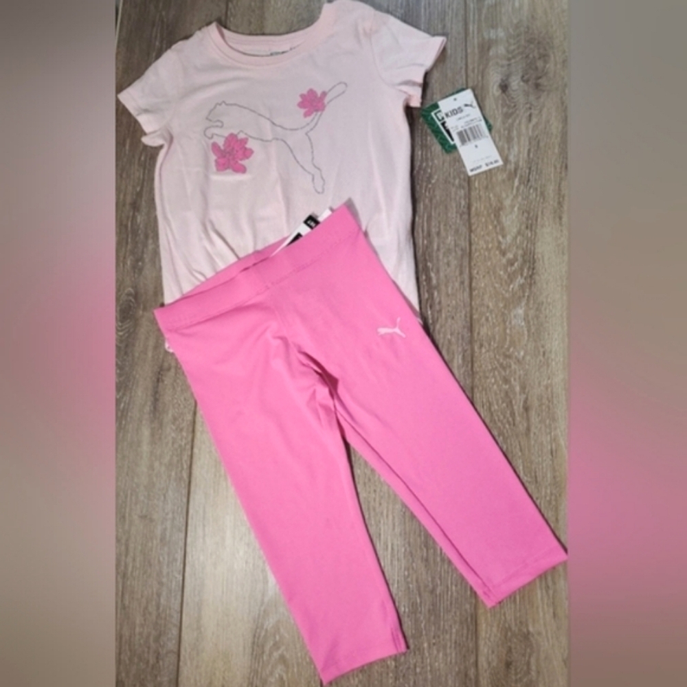 Little girl's Puma dark pink capri leggings and light pink tie-front tee Size 5
